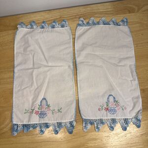 Embroidered Dresser Scarf Runner Flower Easter Basket Crochet Edge Set 2 13”x7”